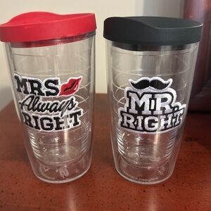 His and Hers tervis cups with lids. Never been used!